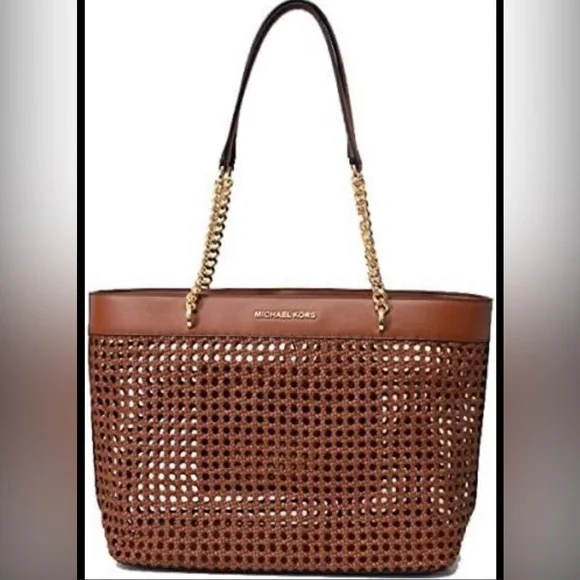 Michael Kors Kinsley Rattan Carryall Tote Bag in the color Luggage. - Picture 2 of 9